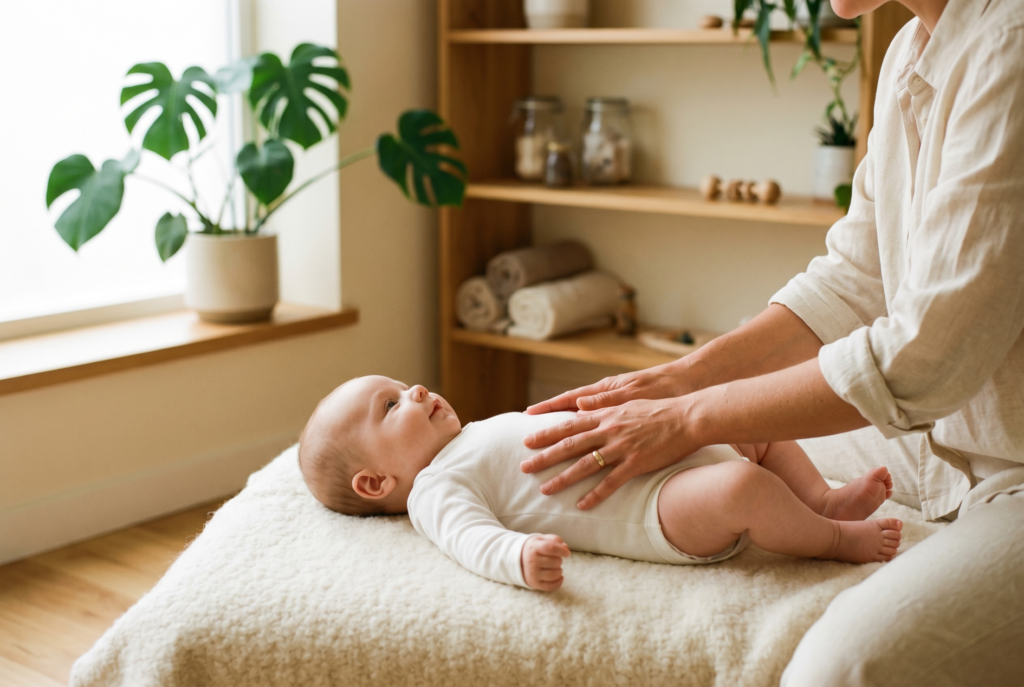 Baby osteopaat behandelt voorzichtig het buikje van een baby met darmkrampjes