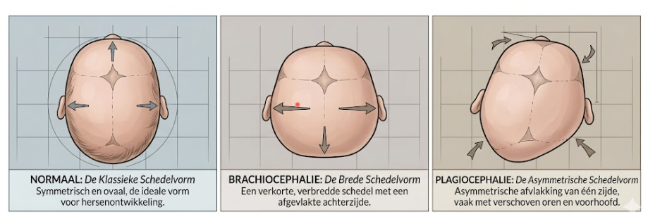 Diagram met drie schedelvormen bij baby's: normale schedelvorm, brachycefalie en plagiocefalie