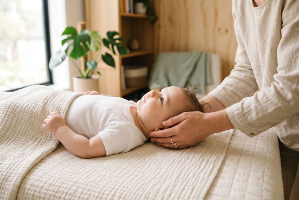 Baby osteopaat onderzoekt voorzichtig het hoofdje en de nek van een baby met een voorkeurshouding