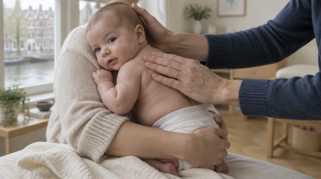 Osteopaat legt zijn handen licht op de rug en het hoofdje van een baby die bij de ouder op schoot zit