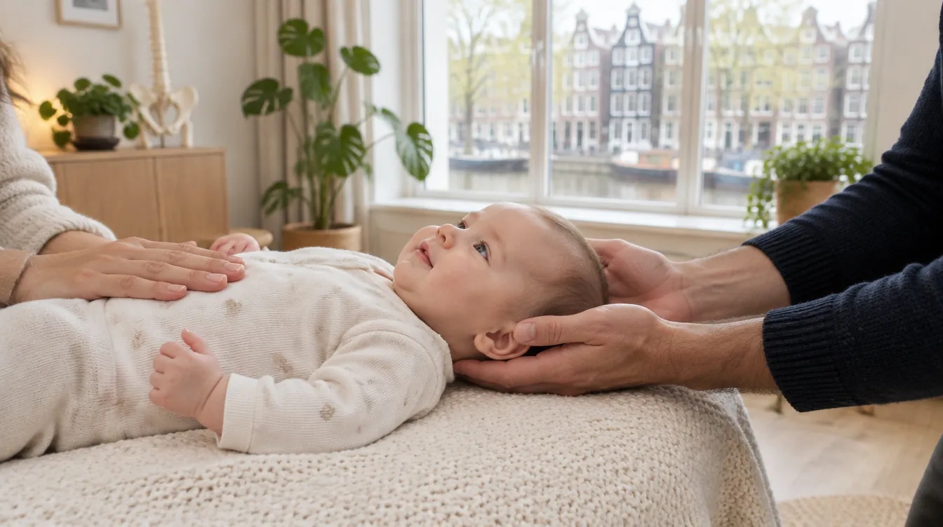 Osteopaat ondersteunt met open handen licht het hoofdje van een baby op de behandeltafel, terwijl de moeder een hand op het buikje legt